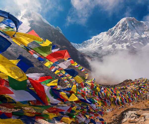 Prayer flags in the Annapurna mountain range