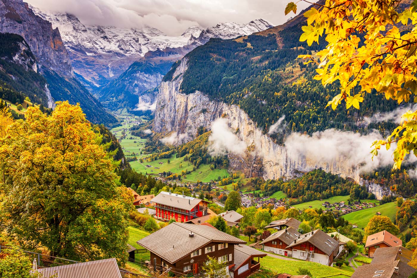 View of Murren village perched high on the mountain with the Lauterbrunnen valley below