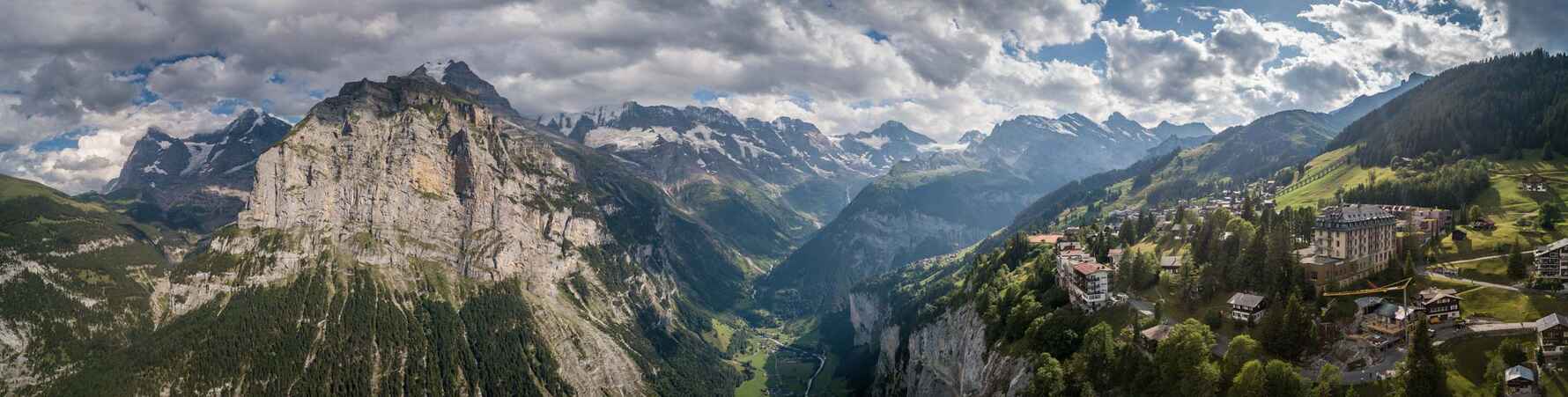View of Gimmelwald village perched high on the mountain in the Jungfrau Region