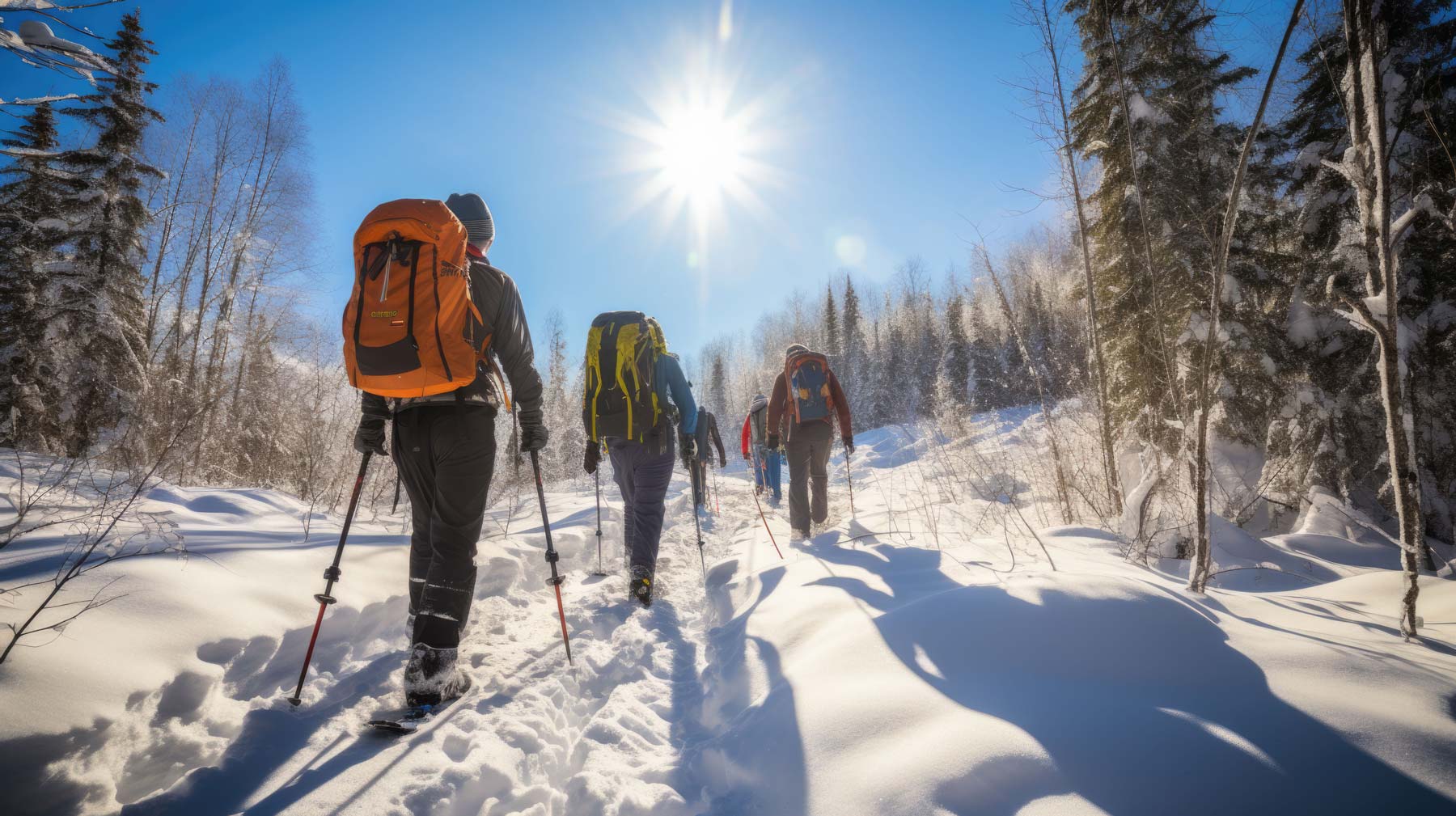 View of a group snowshoeing through the Alps